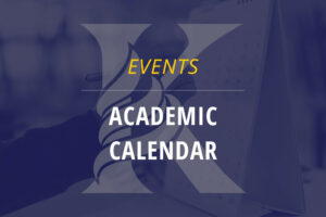 KCA K logo with text Events Academic Calendar with background of person writing on a calendar